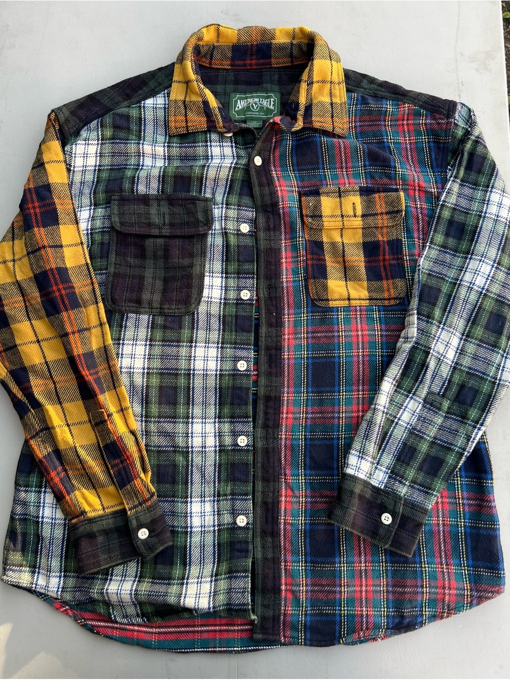 American Eagle Outfitters Yellow, Green, Navy & Red Plaid Button-Down Shirt